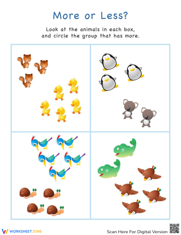 Colorful worksheet for preschoolers comparing groups of animals to learn more or less concepts