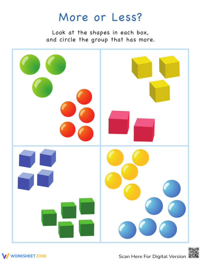 Preschooler counting worksheet featuring colorful geometric shapes for more or less practice