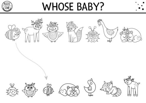 Kindergarten physical science worksheet showing a mother and child animal pair to color