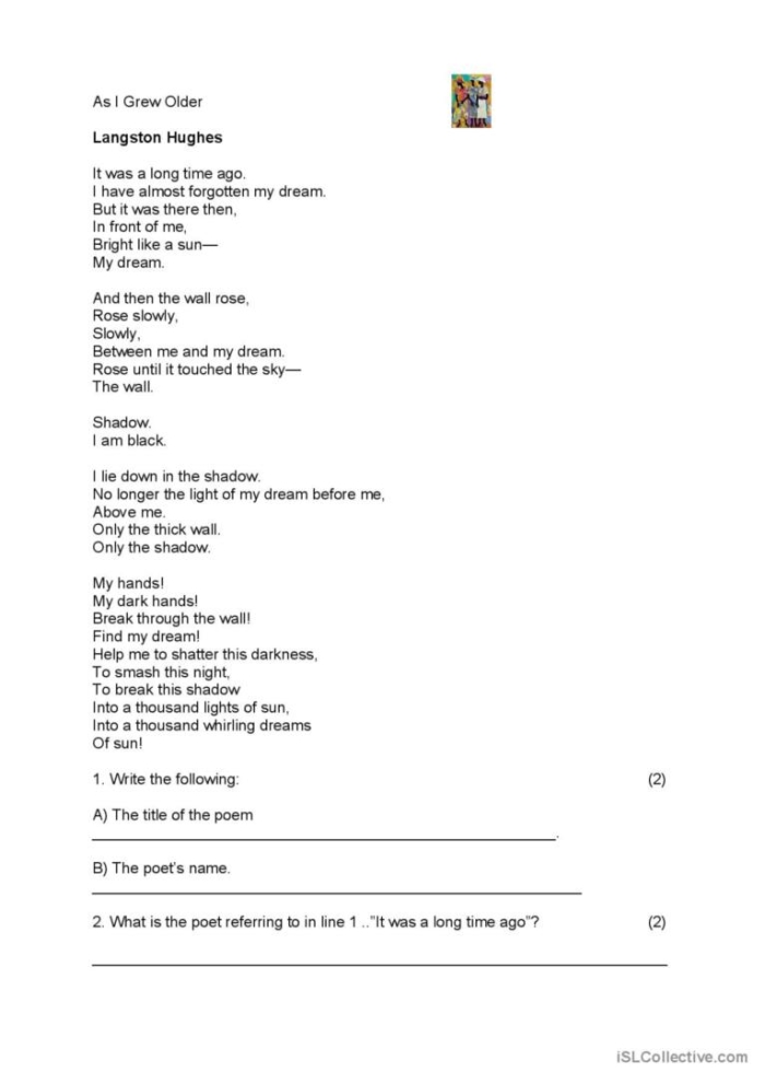 Analyzing Poetry Mother to Son by Langston Hughes worksheet 19 Seventh grade student completing a worksheet on Langston Hughes poem Mother to Son