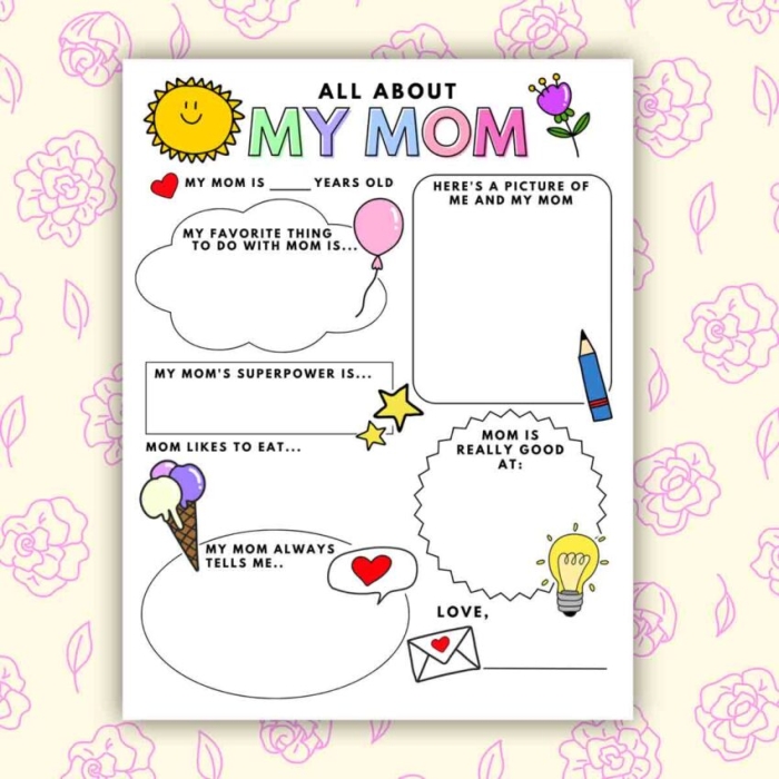 First grade student filling out an All About My Mom reading and drawing worksheet for Mother's Day 15