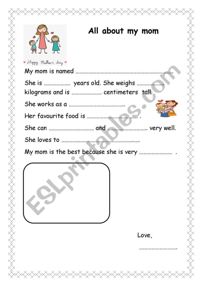 Colorful worksheet for first graders to describe and illustrate their mom for Mother's Day