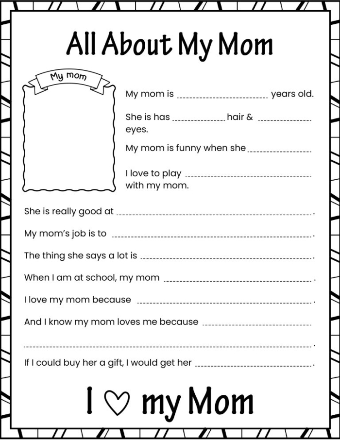 First grade Mother's Day worksheet for describing and drawing mom with fill-in-the-blank prompts