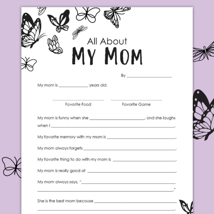 Illustration of a fill-in-the-blank worksheet for first graders to describe their moms