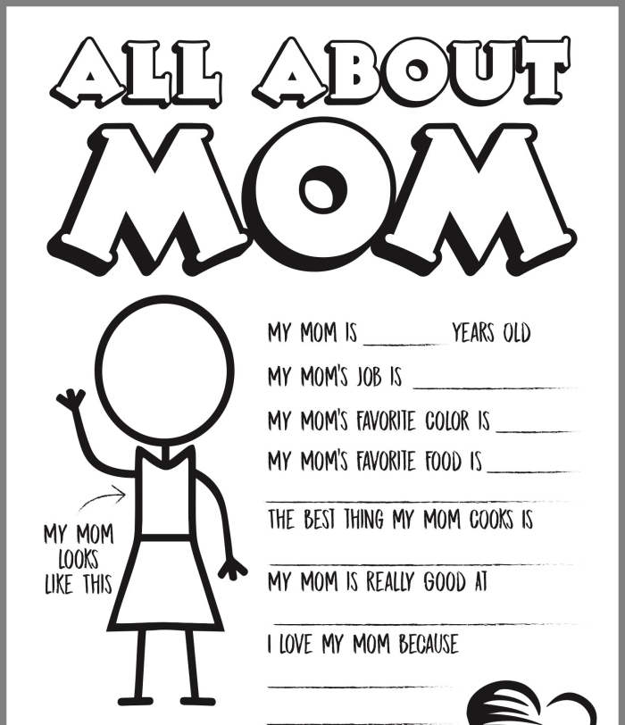 A first-grade Mother's Day worksheet featuring fill-in-the-blank sections to describe and illustrate mom