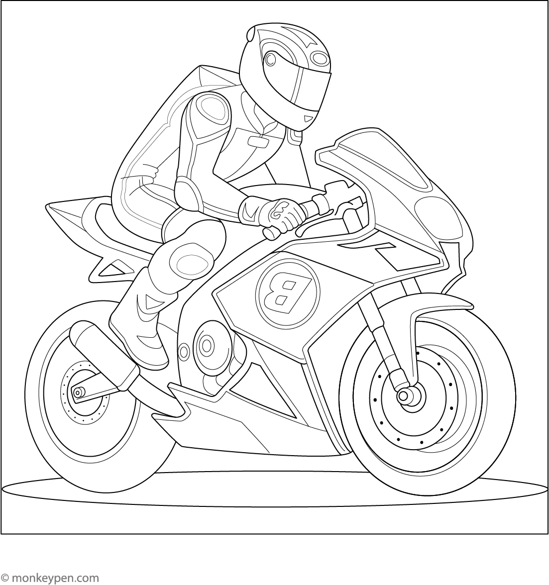 Kindergarten student coloring a page featuring a motocross rider performing a big jump