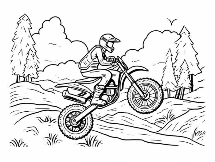 Kindergarten student coloring a motocross bike jumping high in the air