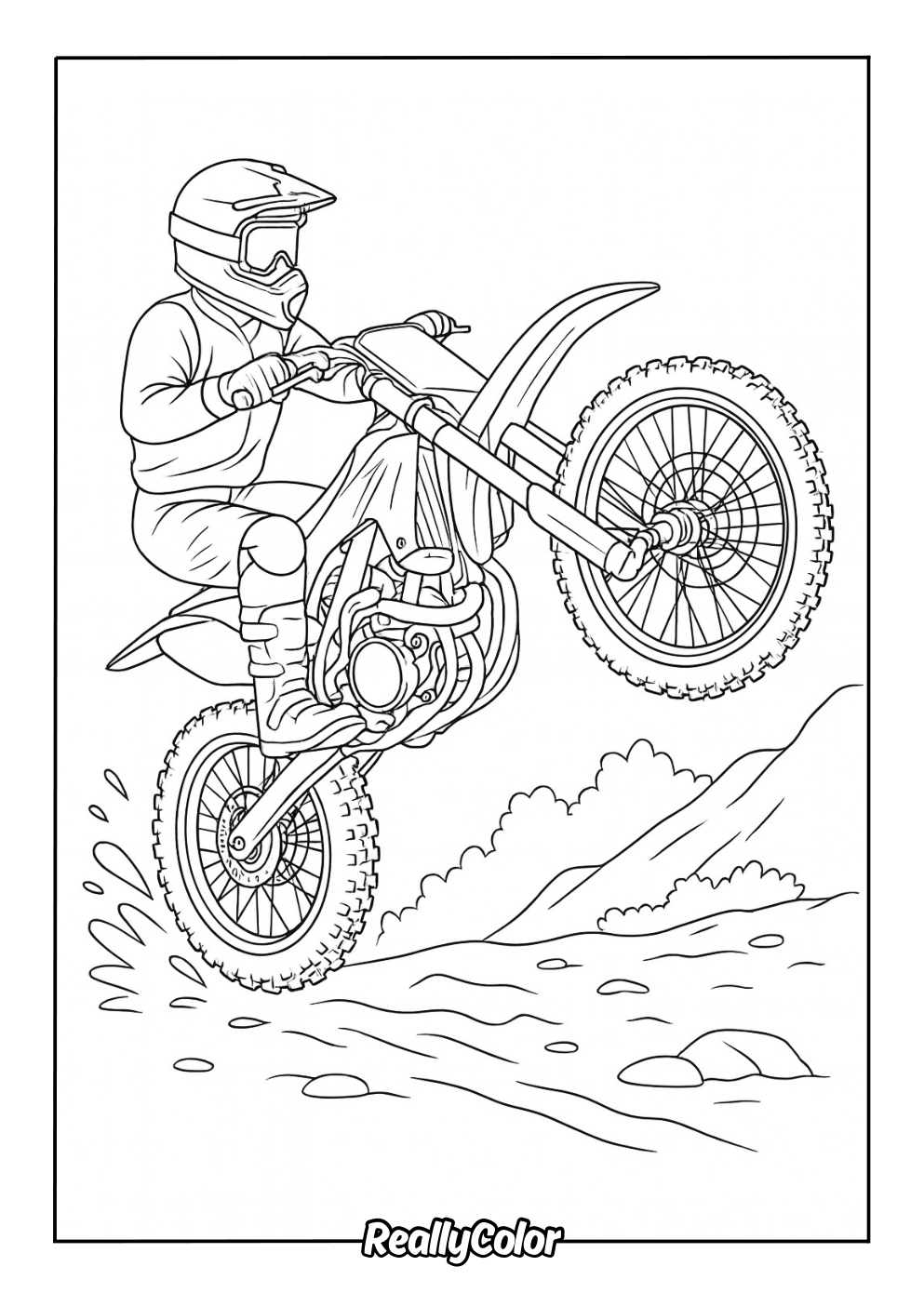Motocross coloring worksheet for kindergarten kids, featuring a rider in mid-air