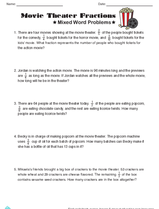 Worksheet featuring movie theater-themed fraction problems for fifth graders