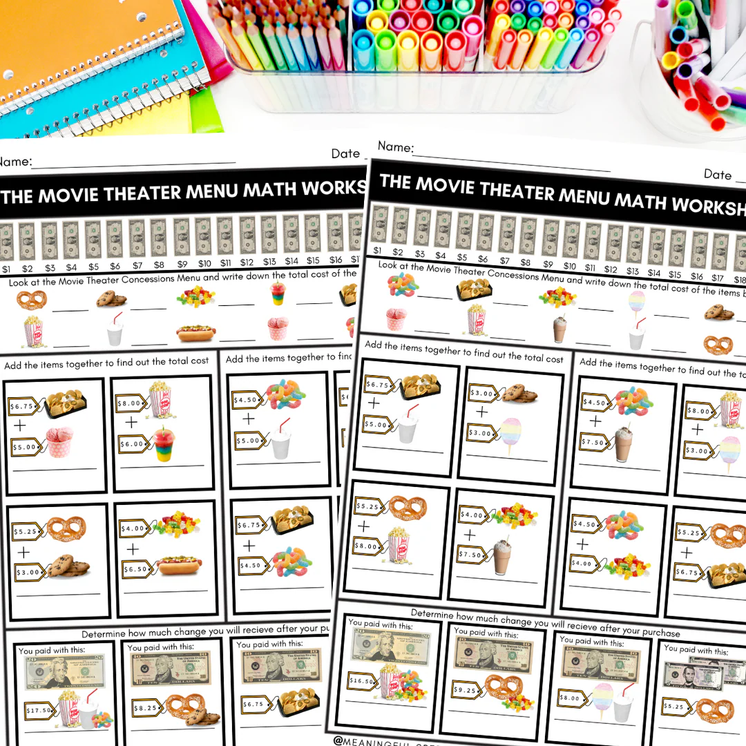Detailed Movie Theater Fractions worksheet for fifth graders focusing on solving two-step problems with fractions
