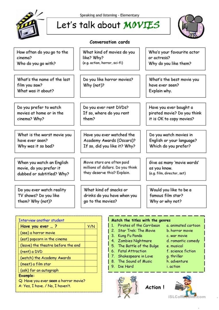 Movies and Main Ideas worksheet for fifth graders focusing on comprehension skills