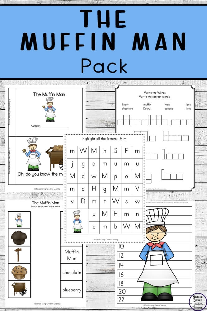 Pre-K student worksheet featuring the Muffin Man nursery rhyme and letter M counting activity