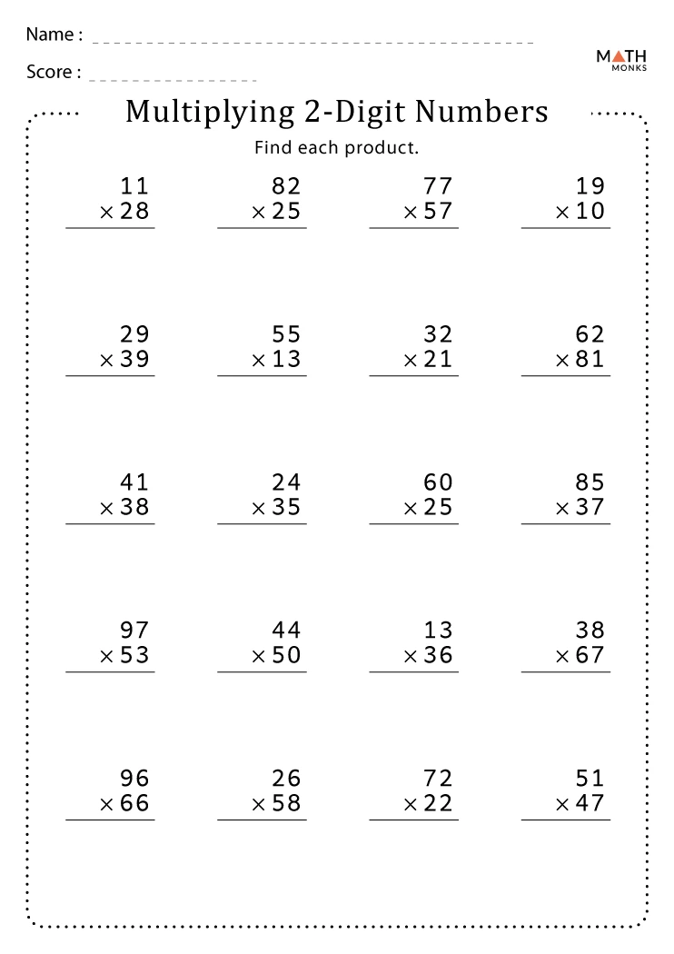 Fifth grade math worksheet featuring a variety of multi-digit multiplication problems for students to solve