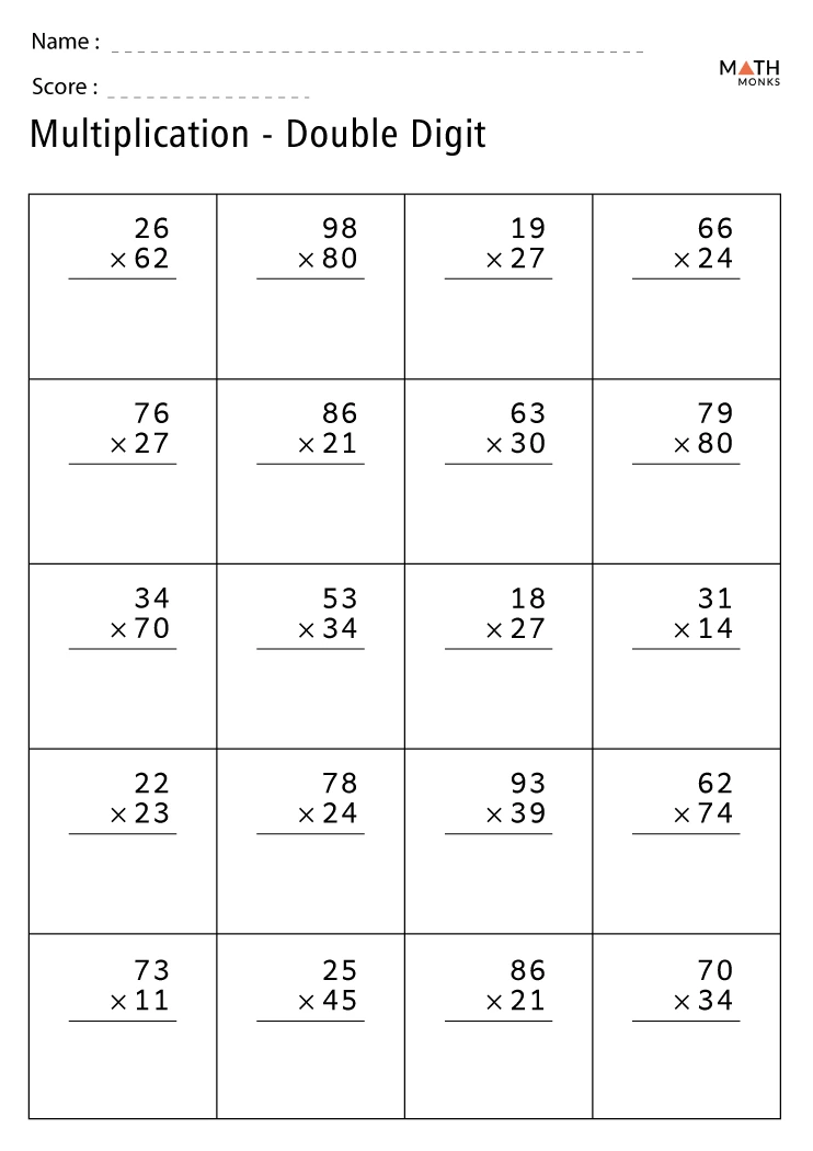 Worksheet featuring various equations for multiplying multi-digit numbers aimed at fifth graders