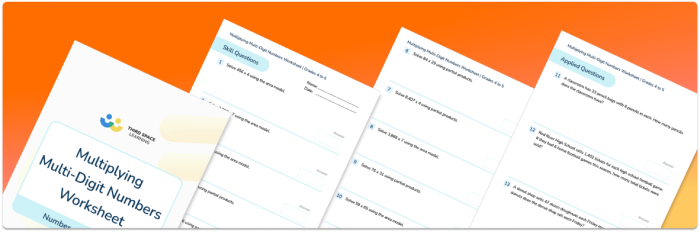 Fifth grade student completing a worksheet with various multi-digit multiplication problems