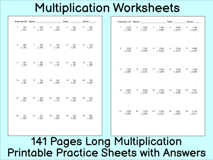 Fifth grade student working on a math worksheet featuring a variety of multi-digit multiplication problems