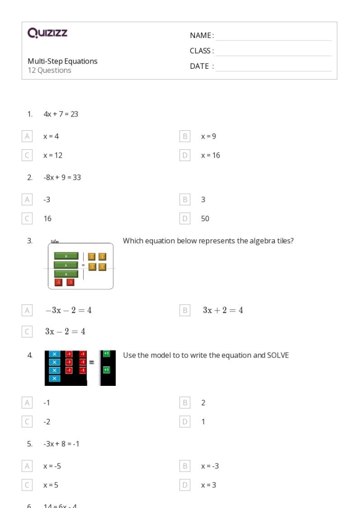 Eighth grade algebra worksheet featuring a quiz on solving complex multi-step equations number 21