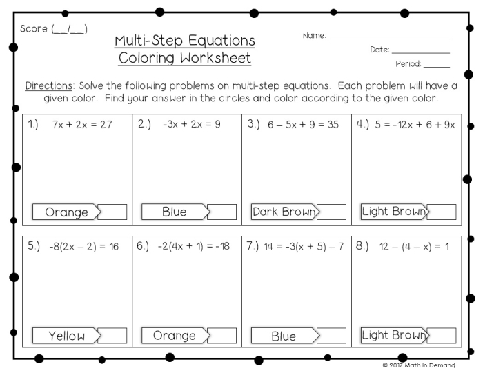 Eighth grade algebra worksheet focusing on solving multi-step equations with one variable part one