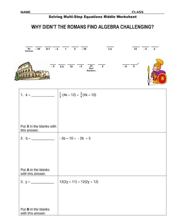 Fun and engaging multi-step equations worksheet to enhance problem-solving skills Worksheet featuring a code-breaking activity on multi-step equations for eighth graders