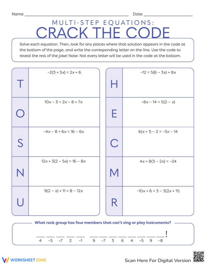 Engaging activity for students to practice solving equations while having fun Multi-Step Equations worksheet featuring a code-breaking theme for eighth graders
