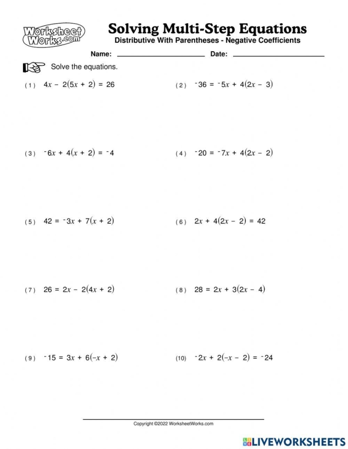 Crack the Code worksheet for practicing multi-step equations in eighth grade history Worksheet featuring multi-step equations for students to solve and decode a message