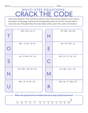 Engaging code-breaking worksheet for eighth graders on multi-step equations Worksheet featuring multi-step equations for students to solve and crack a code