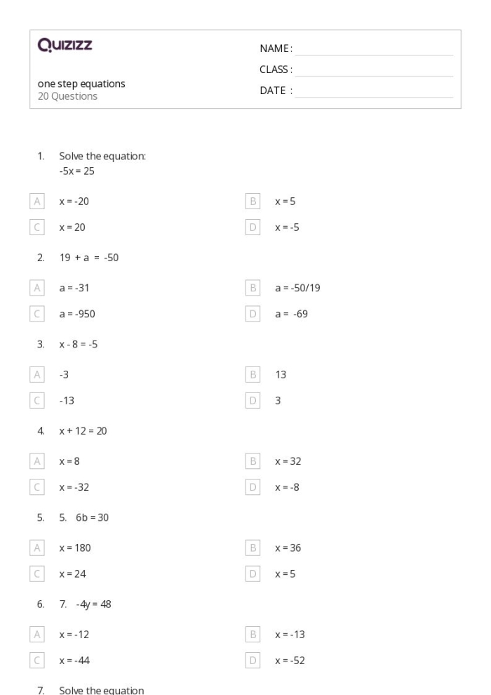 Eighth grade math student working on a worksheet for solving multi-step equations part 1