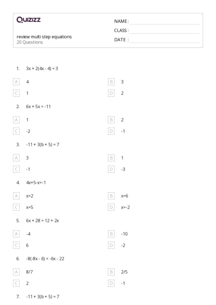 Worksheet for practicing multi-step equations for eighth graders