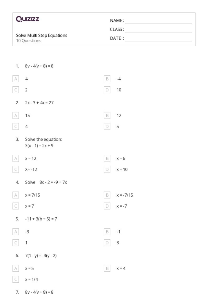 Eighth grade algebra worksheet featuring a quiz on solving multi-step equations number three