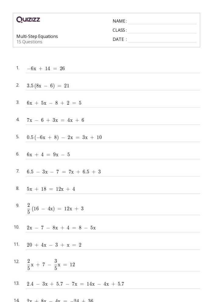 Engaging multi-step equations worksheet designed for eighth-grade algebra practice Worksheet featuring multi-step equations in a Tic-Tac-Toe format for eighth graders