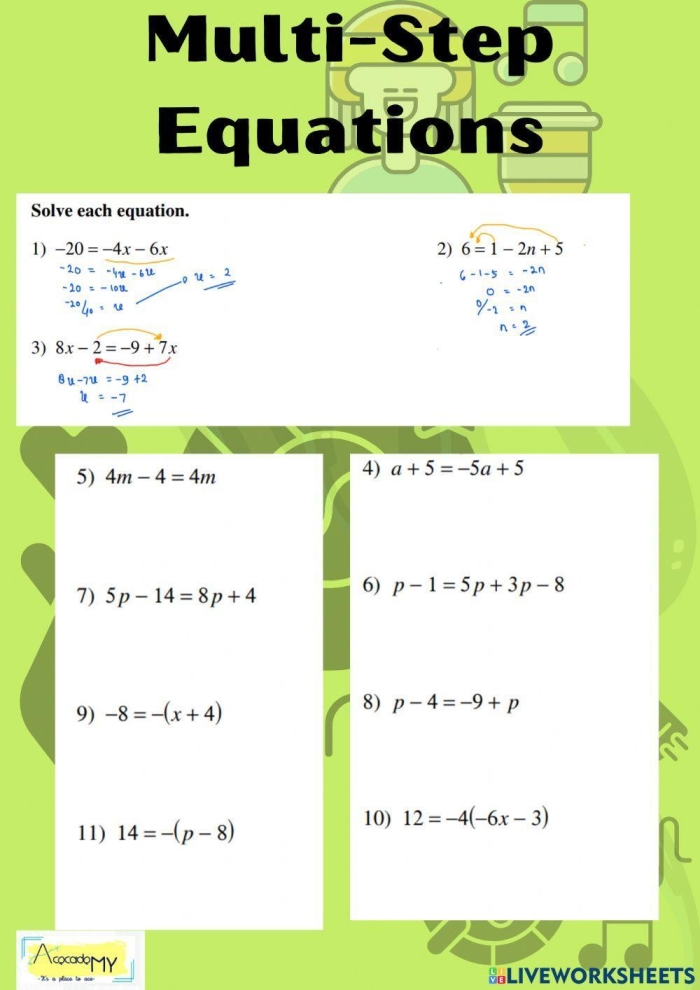 Engaging worksheet for mastering one-variable equations in a fun format Multi-Step Equations Tic-Tac-Toe worksheet for eighth-grade students practicing algebra skills