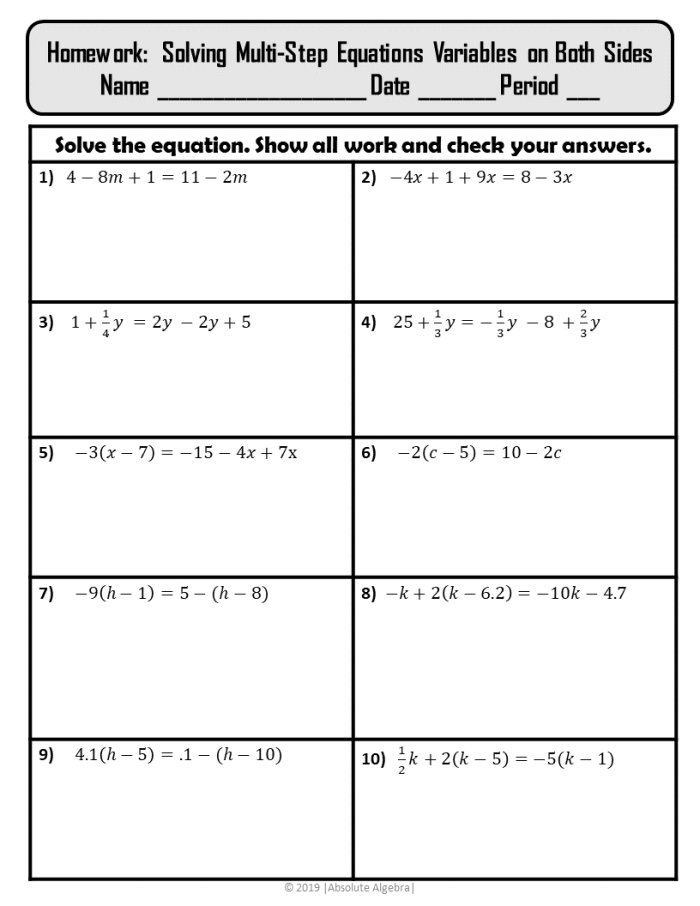Engaging algebra tic-tac-toe worksheet for solving one-variable equations Worksheet for practicing multi-step equations in a tic-tac-toe format for eighth graders