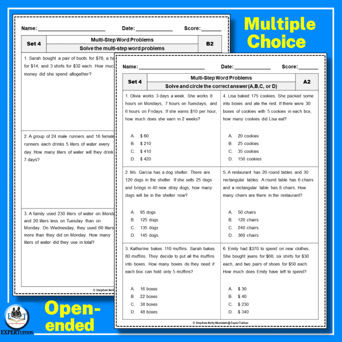Multi-Step Subtraction and Division Word Problems Worksheet 1 Third grade ocean-themed worksheet for practicing multi-step subtraction and division math problems