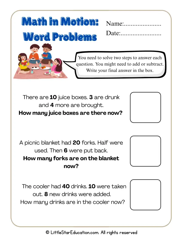 Stepping Through Addition and Subtraction Word Problems Practice Exercise 13 Third grade students solving multi-step word problems using addition and subtraction operations on a practice worksheet