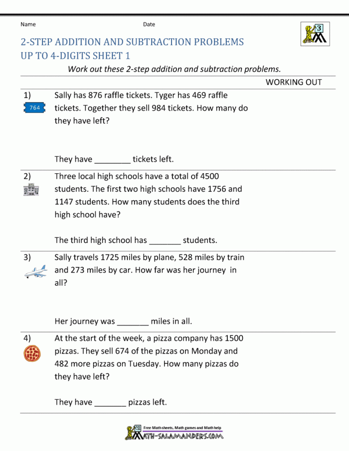 Stepping Through Addition and Subtraction Word Problems Practice worksheet image 22 Third grade students solving multi-step word problems combining addition and subtraction operations on a practice worksheet