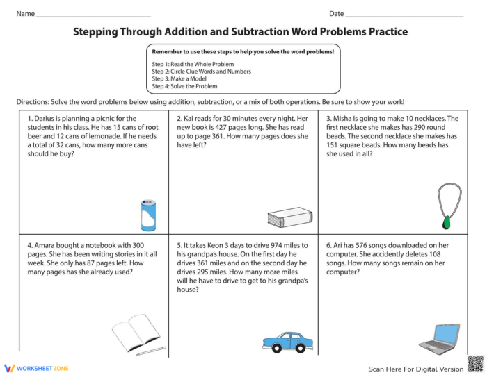 Stepping Through Addition and Subtraction Word Problems Practice worksheet for elementary learners Third grade students solving multi-step word problems using addition and subtraction operations on a practice worksheet