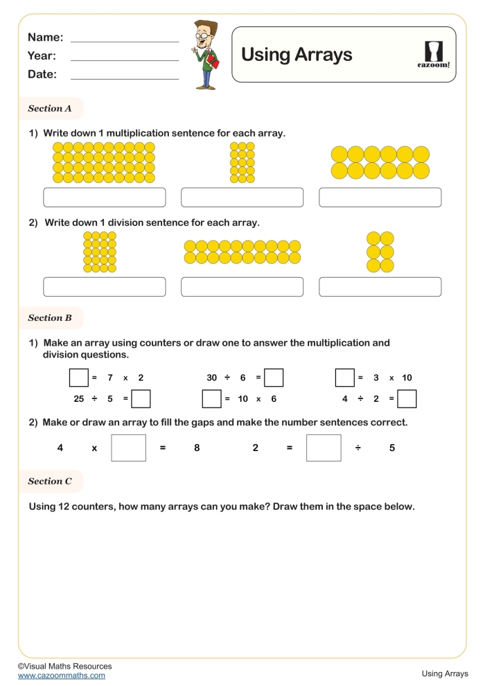 Third grade student completing a multiple choice arrays worksheet on place value