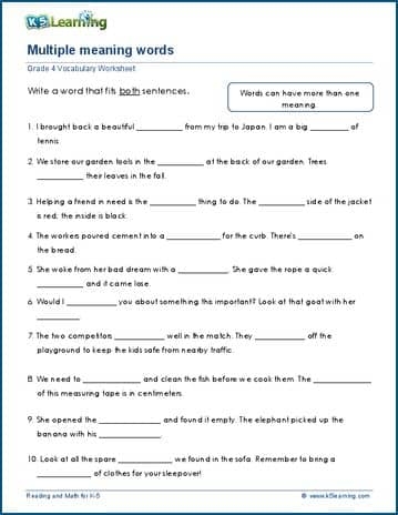Third grade worksheet featuring multiple meaning words exercises and context clue practice
