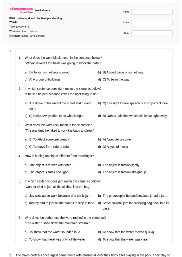 Worksheet featuring multiple meaning words to enhance reading comprehension for third graders
