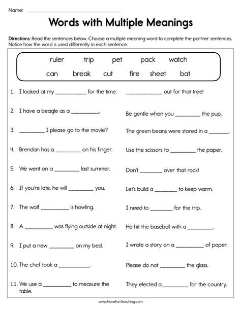 Worksheet featuring multiple meaning words for third graders to practice using context clues