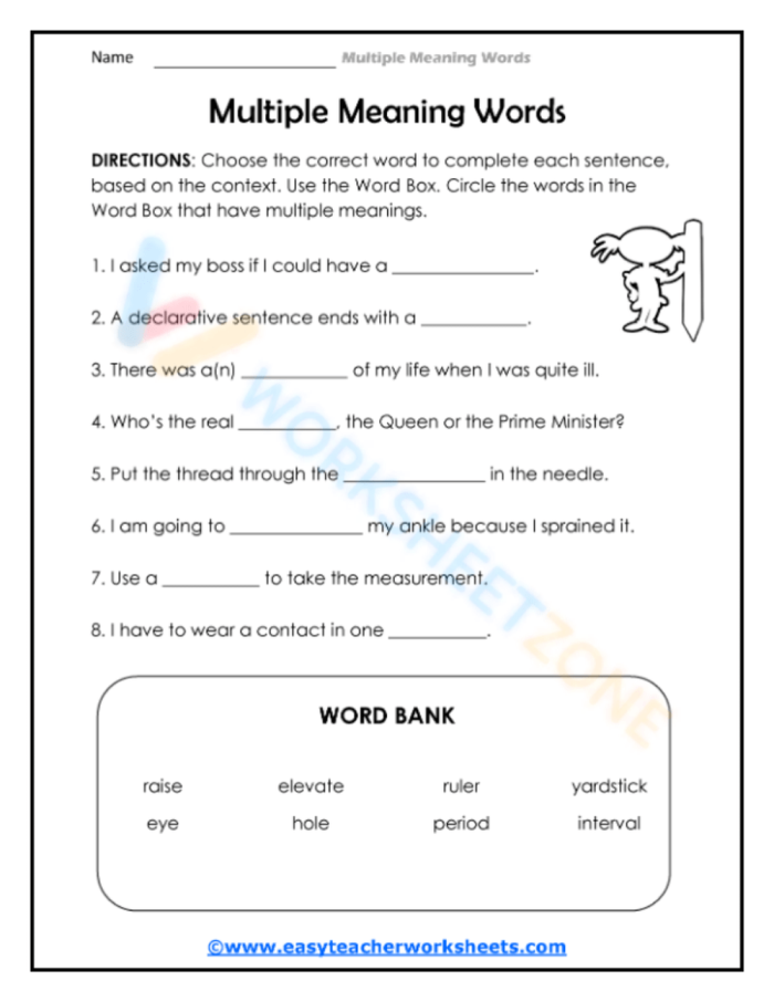 Matching exercise on understanding words with different definitions Worksheet featuring multiple meaning words for third graders