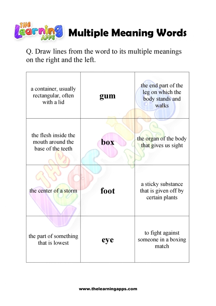 Interactive matching activity on multiple meaning words for reading practice Worksheet featuring multiple meaning words for third graders to match