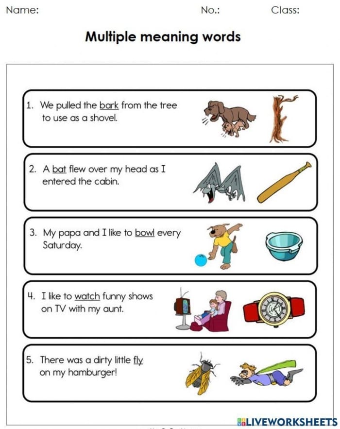 Multiple choice worksheet on vocabulary for homographs and their meanings Worksheet featuring multiple meaning words for third graders to practice homographs