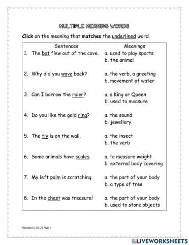 Multiple Meaning Words Worksheet 16 Third grade worksheet featuring multiple choice questions to identify homograph meanings using context clues
