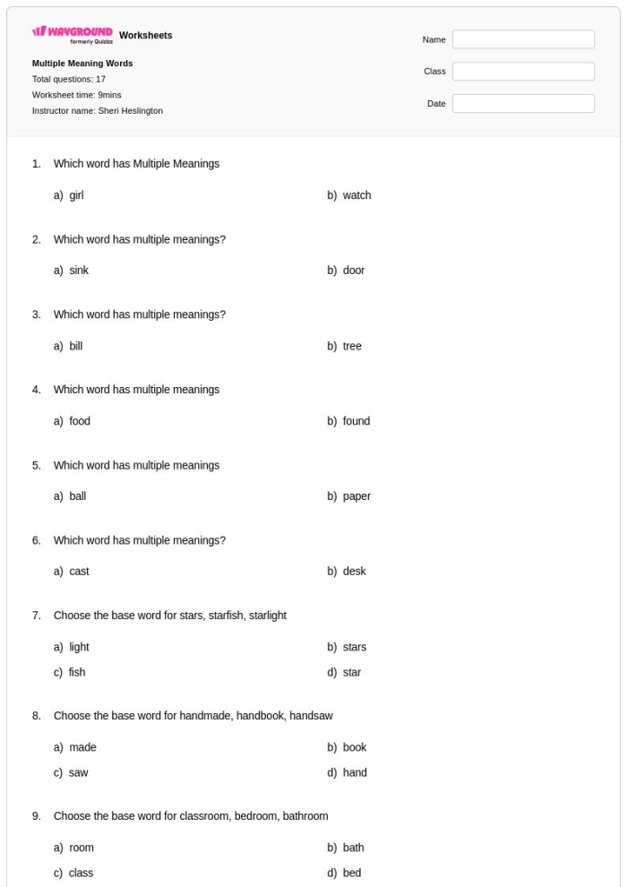 Multiple meaning words worksheet designed for third graders to enhance their reading skills