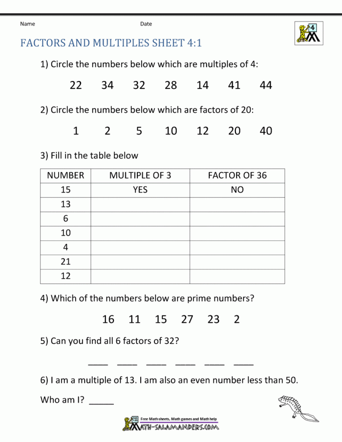 Fourth grade worksheet featuring number sense exercises for finding multiples of whole numbers