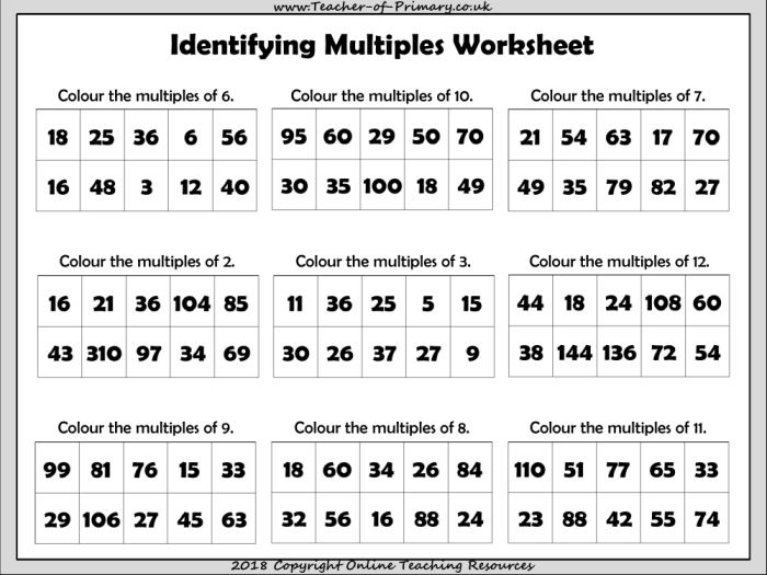 Fourth grade math worksheet for identifying and listing multiples of whole numbers