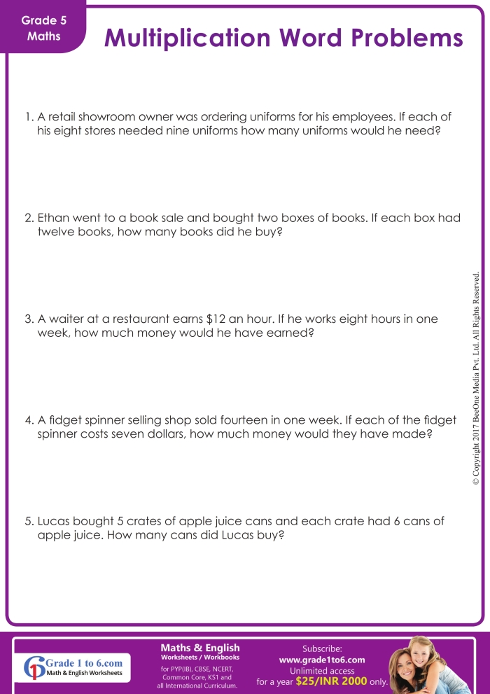 Fourth grade multiplication word problem worksheet featuring animal-themed multi-digit math scenarios for ratios and proportions practice