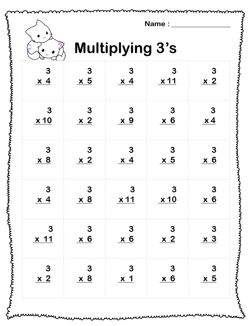 Chocolate Chip Multiplication Models for Third Grade Math Practice Third grade students using chocolate chips as visual models to solve multiplication by 3 problems on a math worksheet
