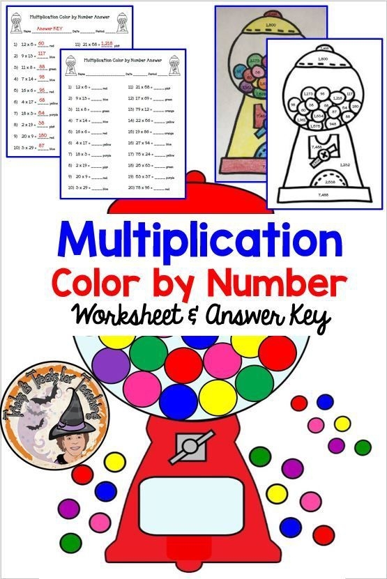 Third grade multiplication color by number activity featuring gumballs and math problems to solve Colorful gumballs in a jar with multiplication problems and a color key for third grade students to solve and color